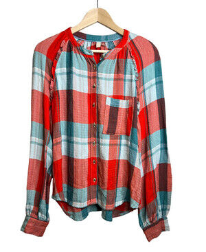 Pilcro Anthropologie Top Medium Breezy Plaid Shirt Gauzy Red Blue Button Up